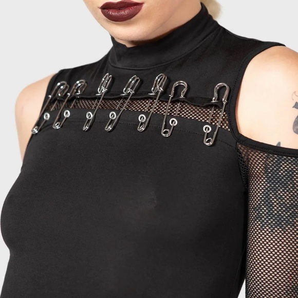 Killstar Zazzel Long Sleeve Safety Pin Black Mesh Mini Dress, Size XXL, NWT - Picture 2 of 12